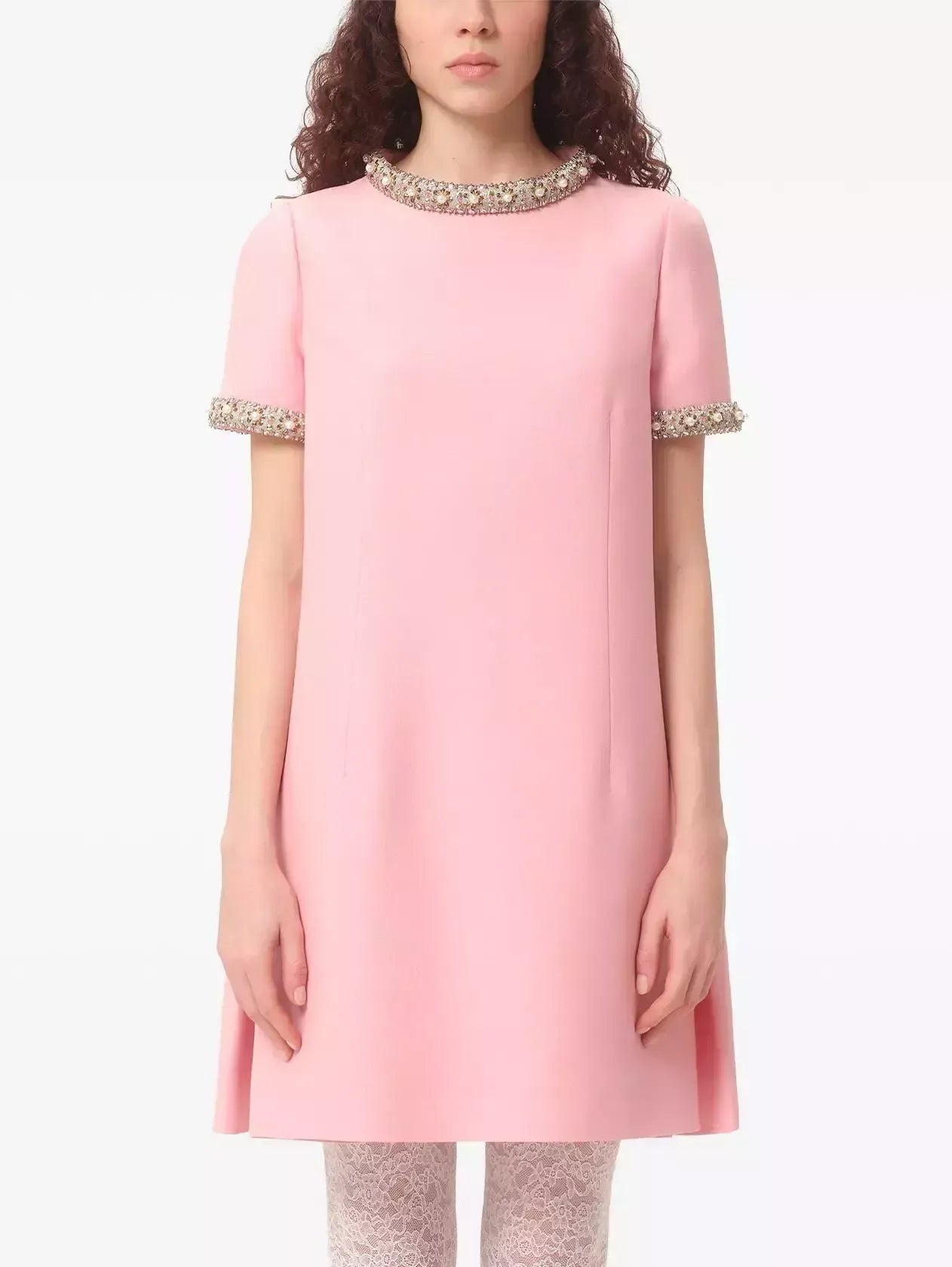 Crystal-Trimmed Short-Sleeve Shift Mini Dress - Dresses