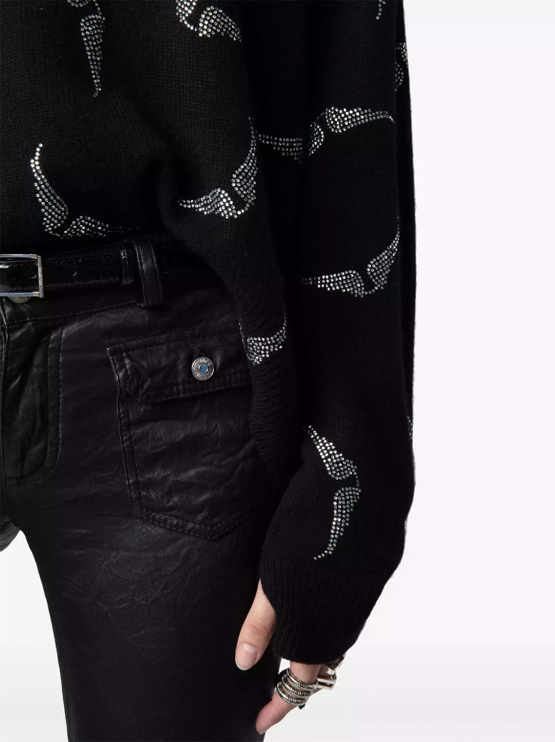 Crystal Wing Embellished Black Cashmere Sweater - Sweaters & Knitwear