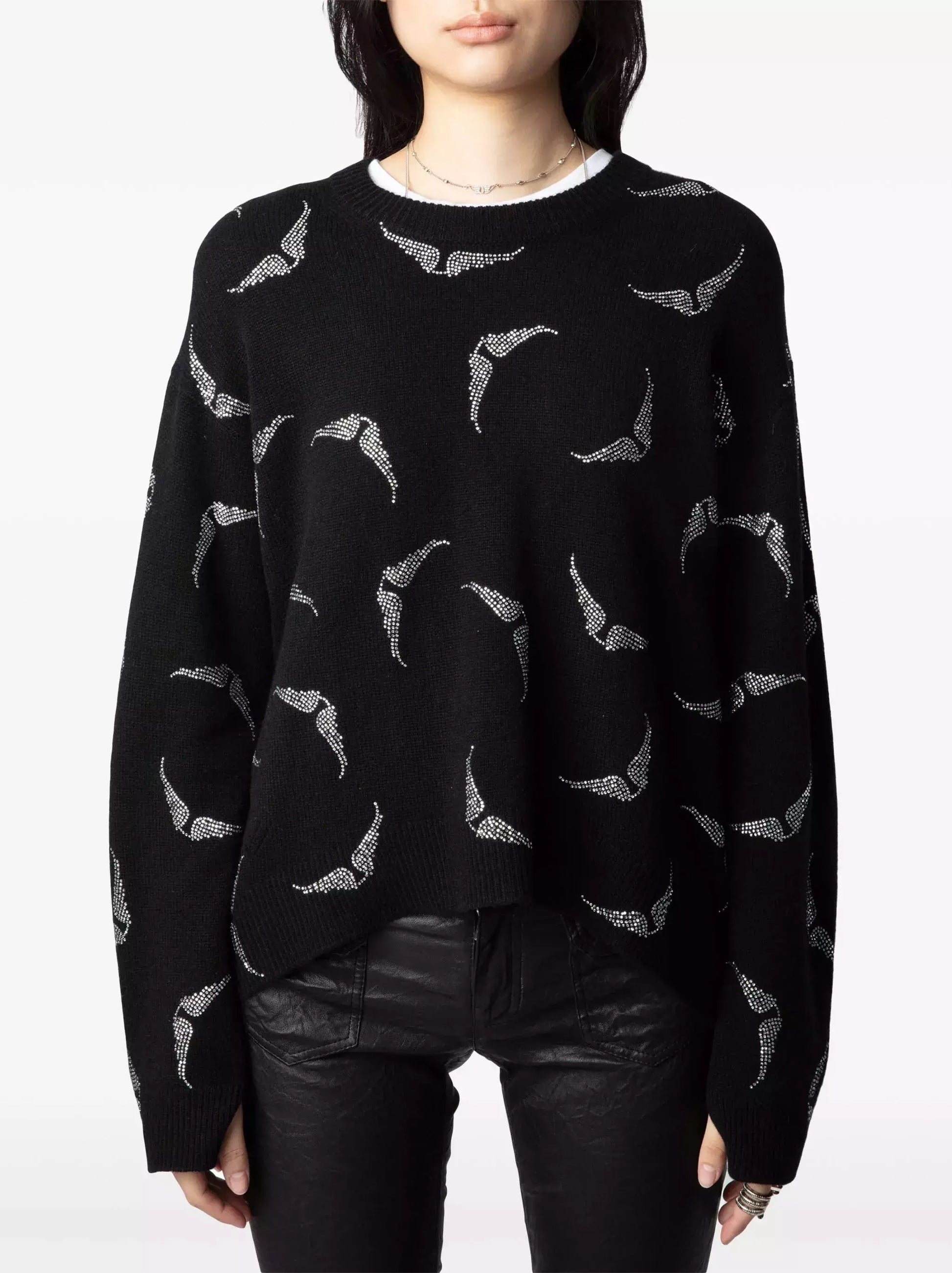 Crystal Wing Embellished Black Cashmere Sweater - Sweaters & Knitwear