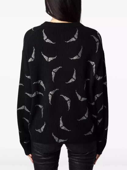 Crystal Wing Embellished Black Cashmere Sweater - Sweaters & Knitwear