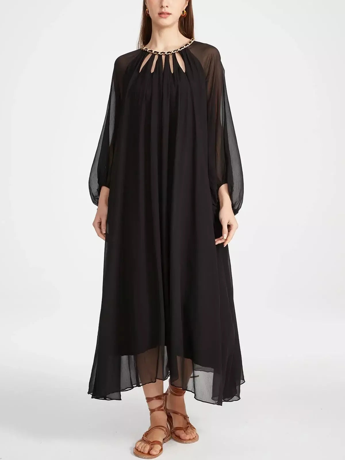 Cut-Out Braided Chain Collar Silk Dress in Black - Dresses