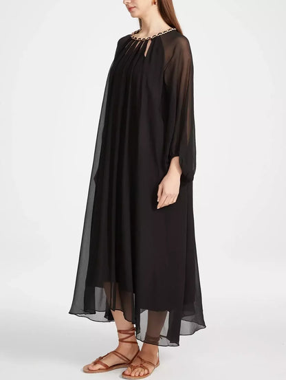 Cut-Out Braided Chain Collar Silk Dress in Black - Dresses