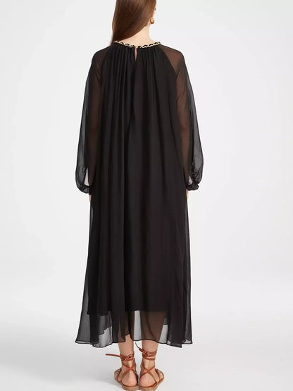 Cut-Out Braided Chain Collar Silk Dress in Black - Dresses