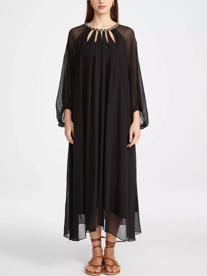 Cut-Out Braided Chain Collar Silk Dress in Black - Dresses