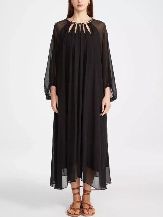 Cut-Out Braided Chain Collar Silk Dress in Black - Dresses