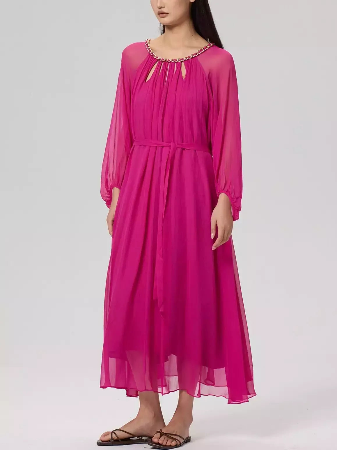 Cut-Out Braided Chain Collar Silk Dress in Fuchsia - Dresses