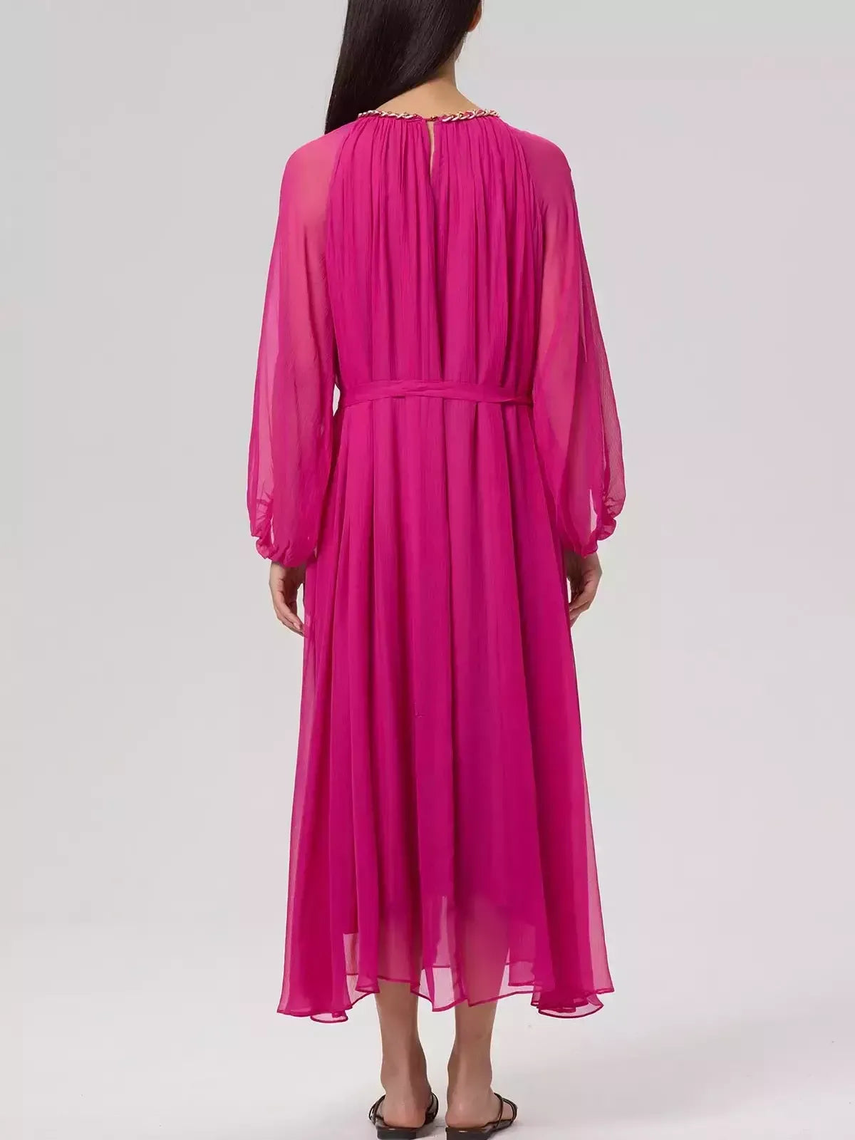Cut-Out Braided Chain Collar Silk Dress in Fuchsia - Dresses