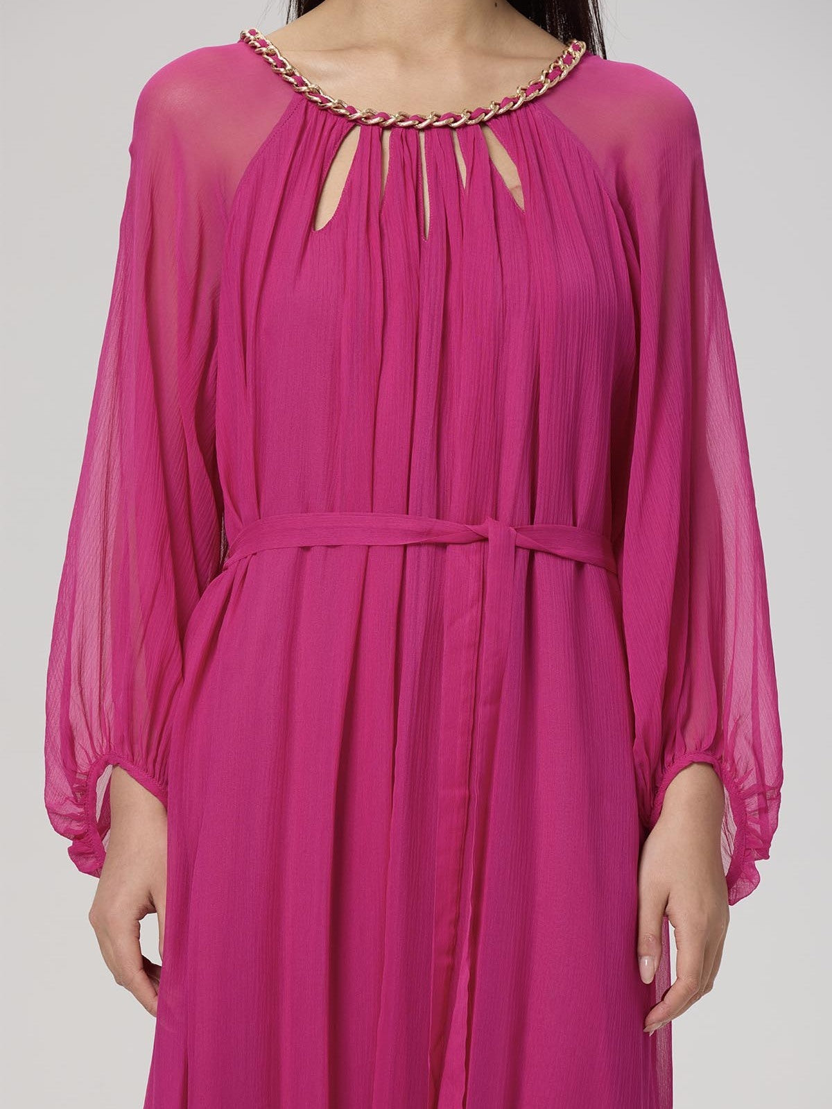 Cut-Out Braided Chain Collar Silk Dress in Fuchsia - Dresses