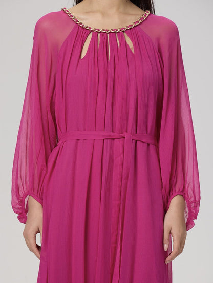 Cut-Out Braided Chain Collar Silk Dress in Fuchsia - Dresses