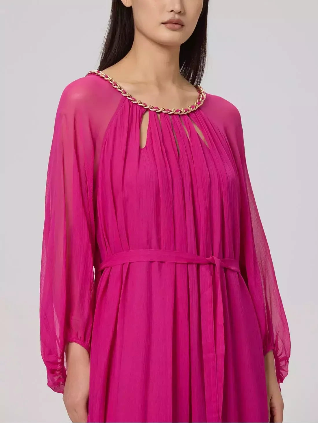 Cut-Out Braided Chain Collar Silk Dress in Fuchsia - Dresses