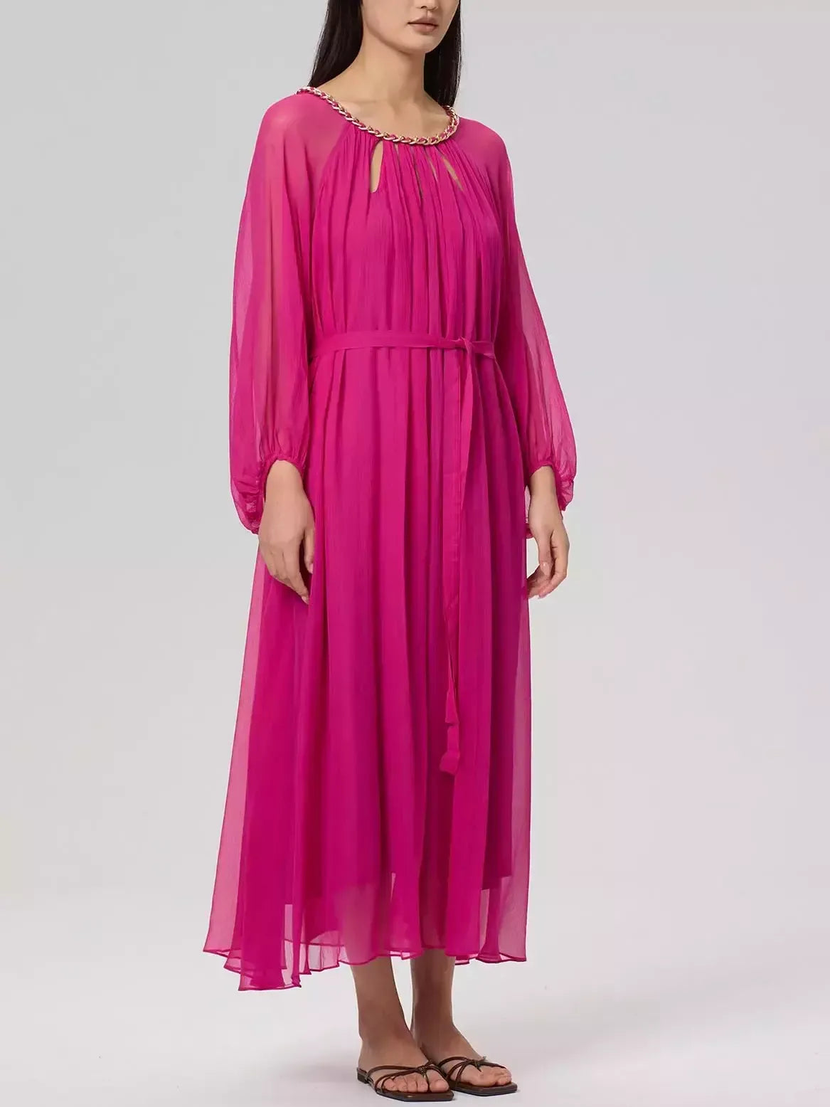 Cut-Out Braided Chain Collar Silk Dress in Fuchsia - Dresses