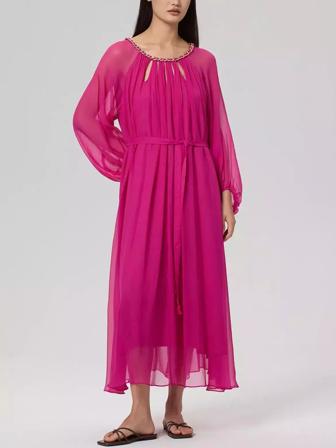 Cut-Out Braided Chain Collar Silk Dress in Fuchsia - Dresses
