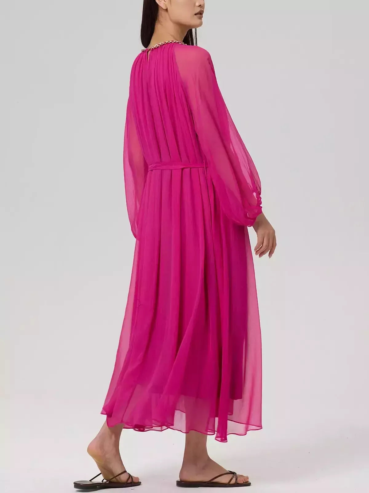 Cut-Out Braided Chain Collar Silk Dress in Fuchsia - Dresses