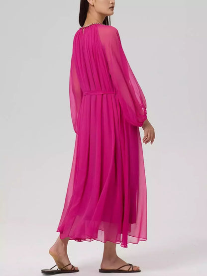 Cut-Out Braided Chain Collar Silk Dress in Fuchsia - Dresses