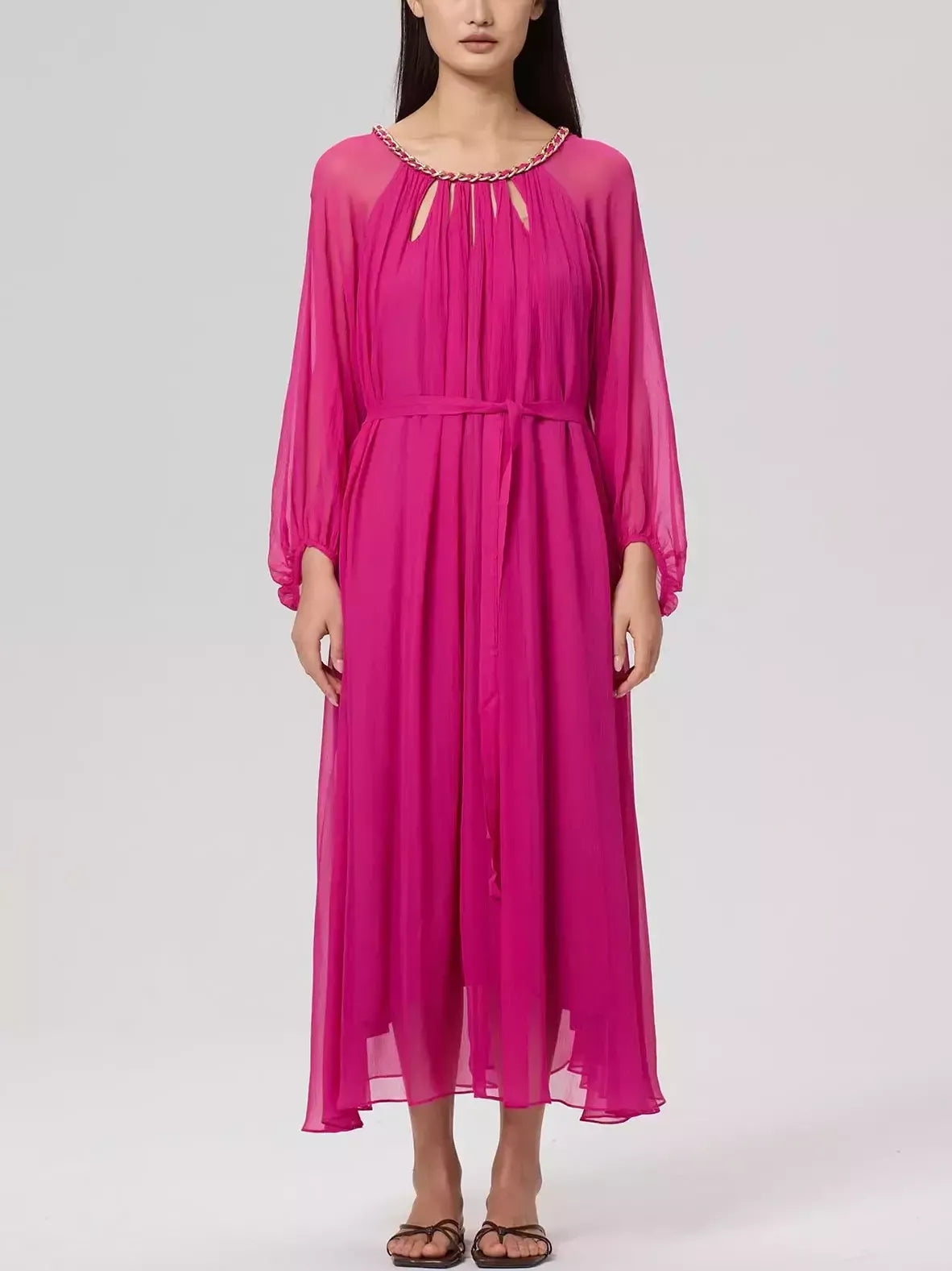 Cut-Out Braided Chain Collar Silk Dress in Fuchsia - Dresses