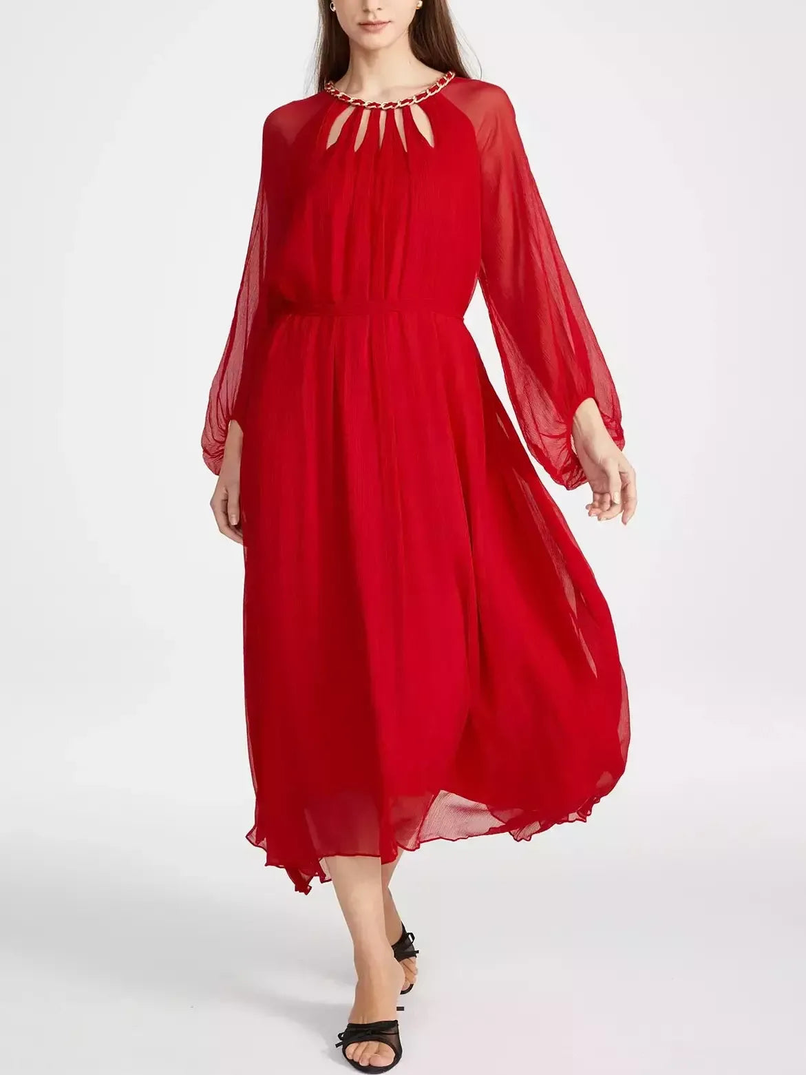 Cut-Out Braided Chain Collar Silk Dress in Red - Dresses