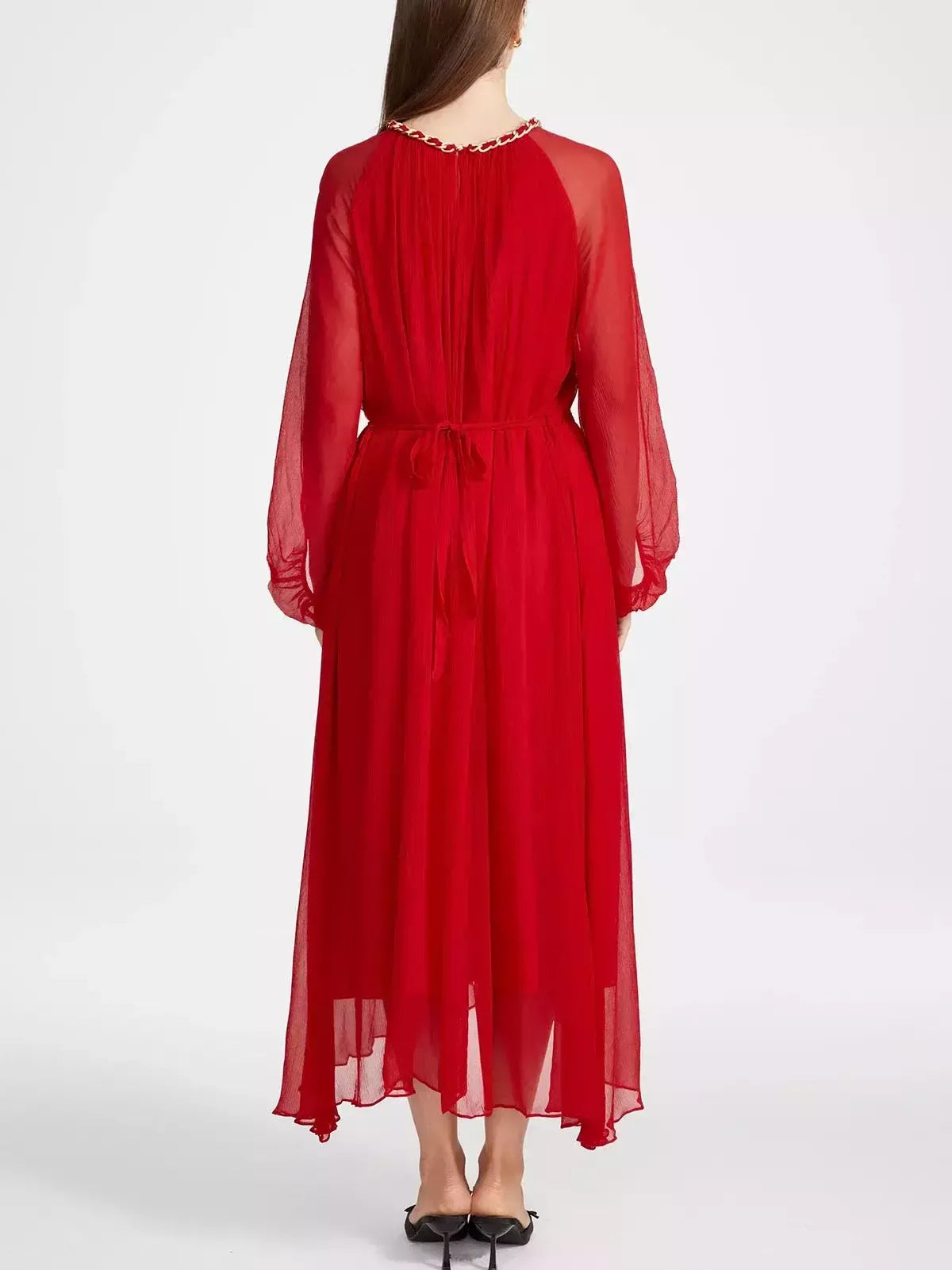 Cut-Out Braided Chain Collar Silk Dress in Red - Dresses