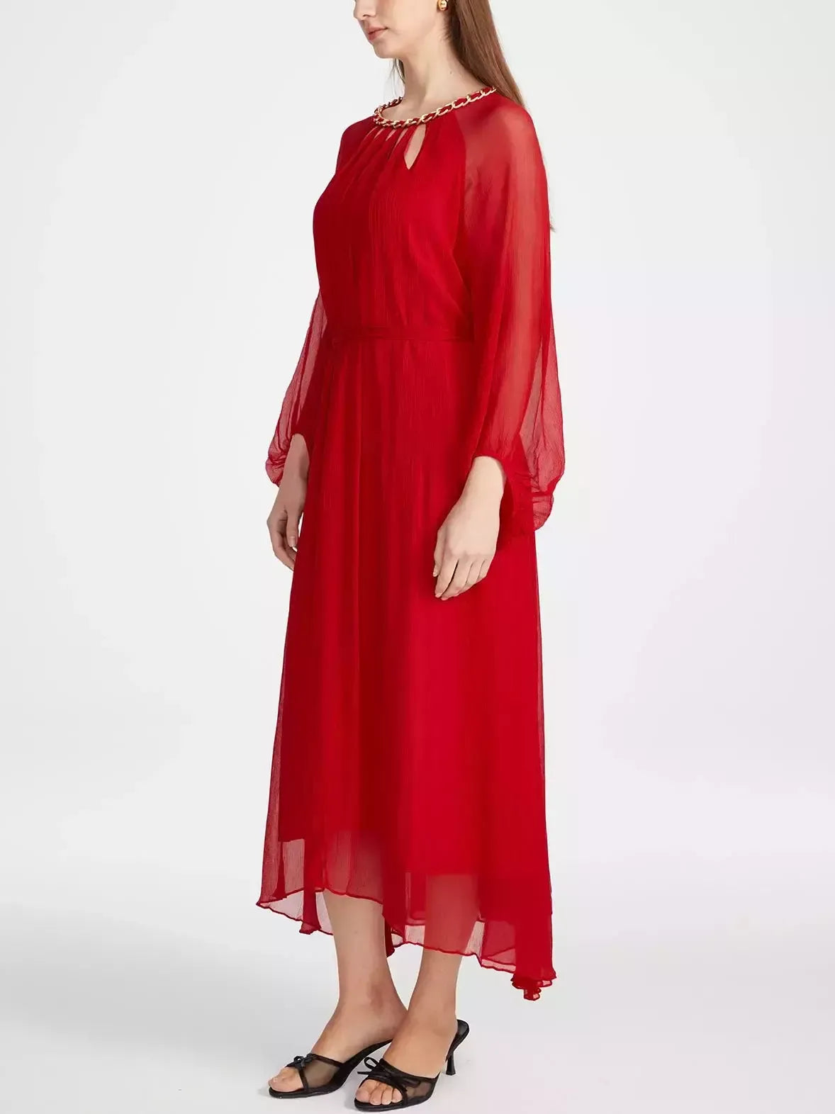 Cut-Out Braided Chain Collar Silk Dress in Red - Dresses