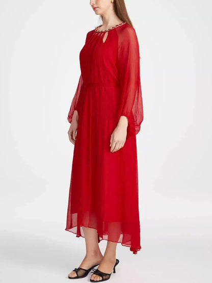 Cut-Out Braided Chain Collar Silk Dress in Red - Dresses