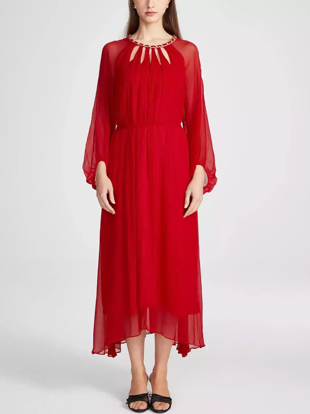 Cut-Out Braided Chain Collar Silk Dress in Red - Dresses