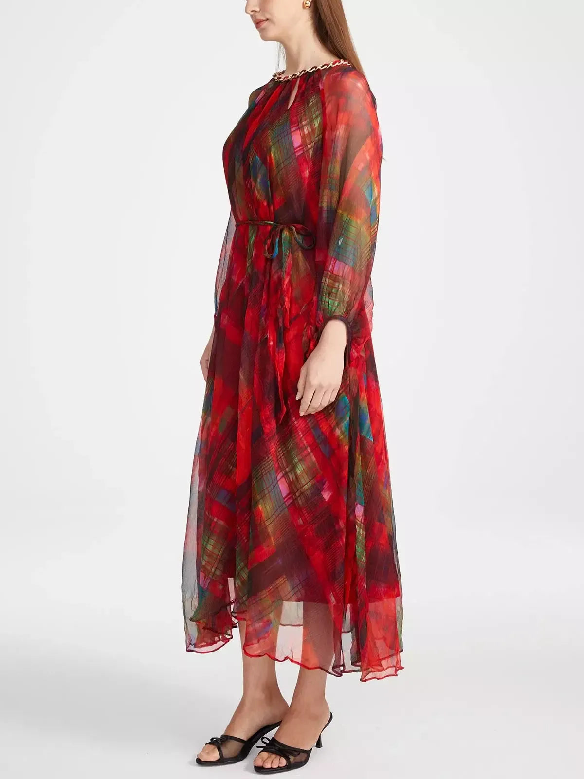Cut-Out Braided Chain Collar Silk Dress in Red Plaid - Dresses