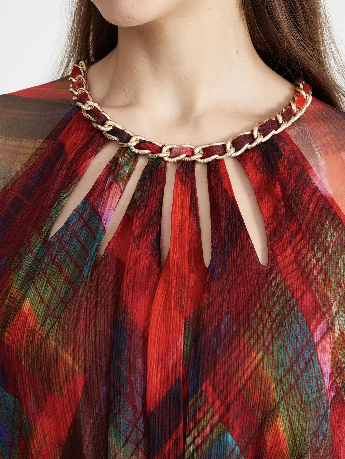 Cut-Out Braided Chain Collar Silk Dress in Red Plaid - Dresses