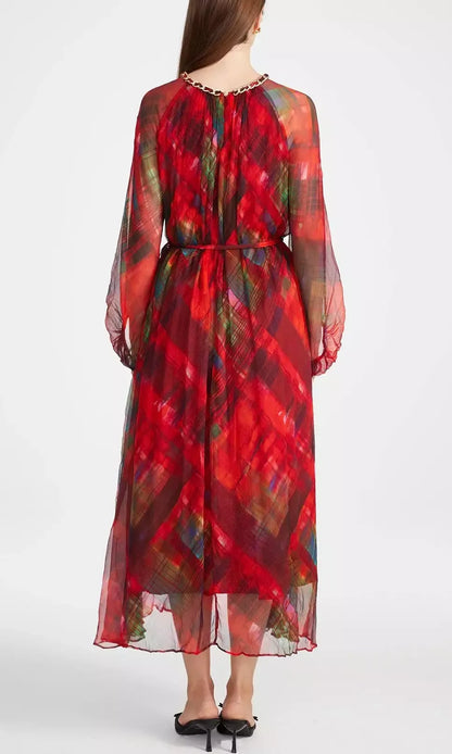 Cut-Out Braided Chain Collar Silk Dress in Red Plaid - Dresses