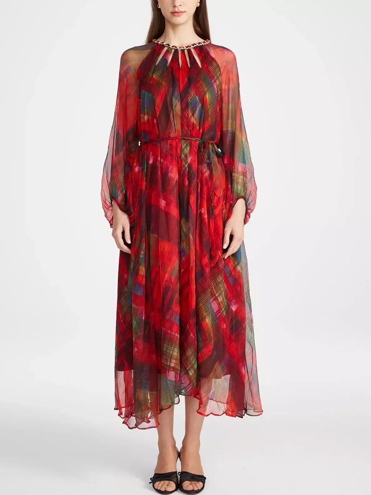 Cut-Out Braided Chain Collar Silk Dress in Red Plaid - Dresses