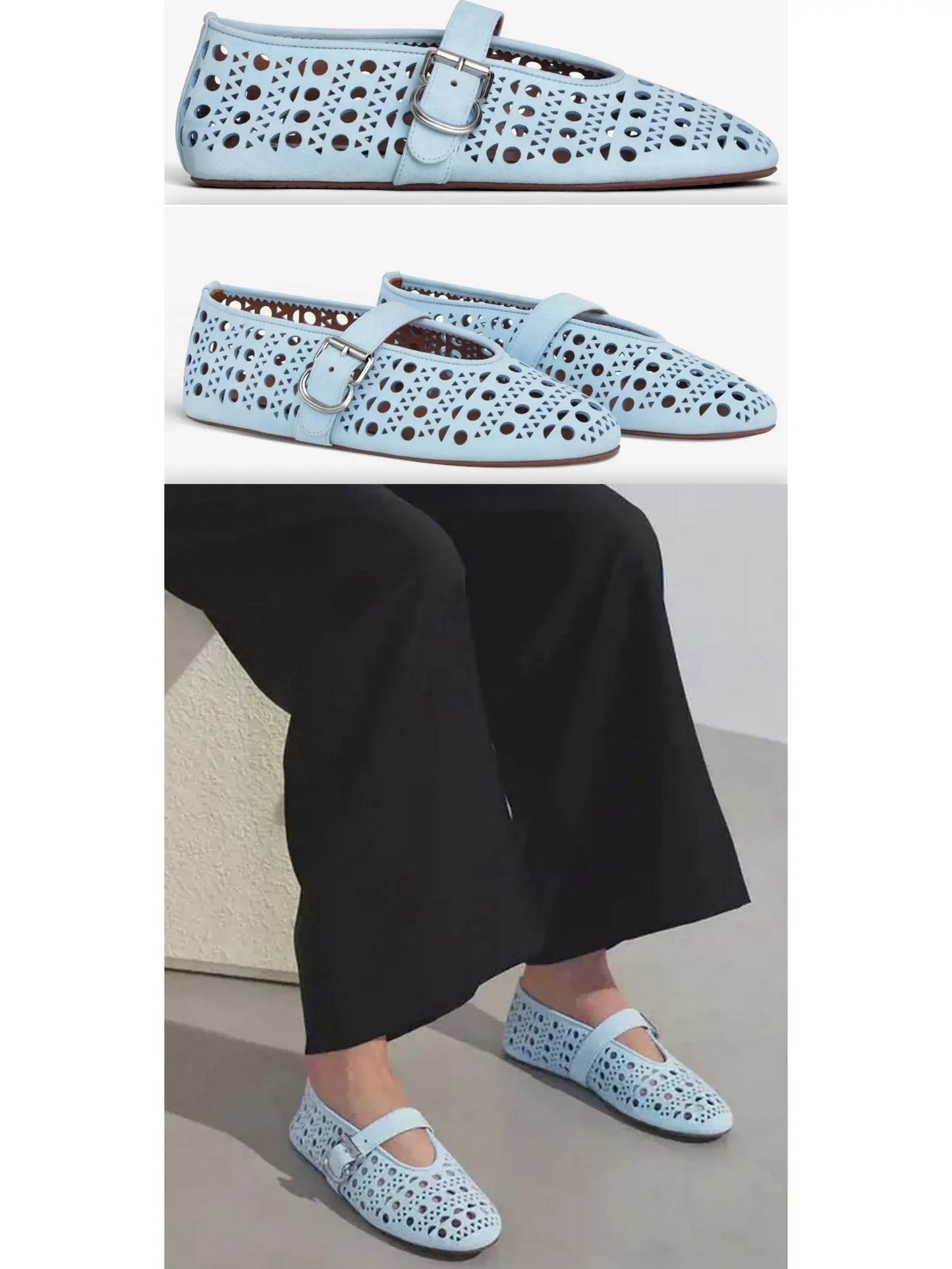 Cut-Out Buckled Lambskin Ballerina Flats in Sky Blue - Footwear