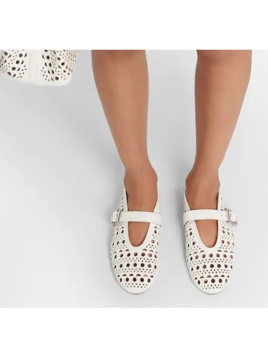 Cut-Out Buckled Lambskin Ballerina Flats in White - Footwear