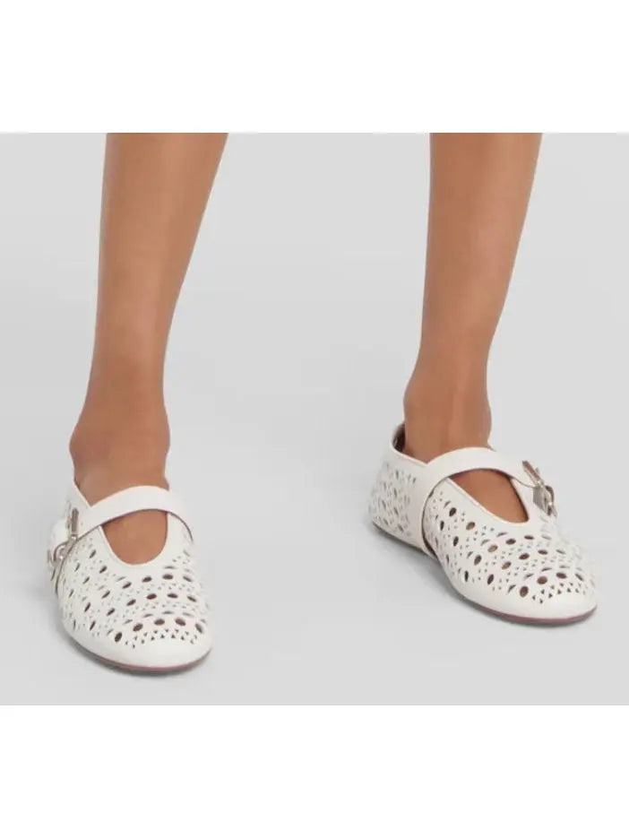 Cut-Out Buckled Lambskin Ballerina Flats in White - Footwear