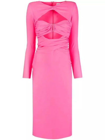 Cut-Out-Detail Pink Jersey Midi Dress - Dresses