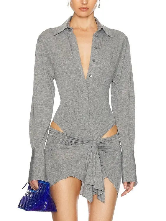 Cut-Out Draped-Detail Grey Mini Dress - Dresses