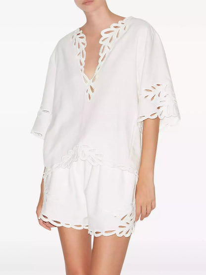 Cut-Out Embroidered Cotton T-Shirt and Short Set - Suits & Sets
