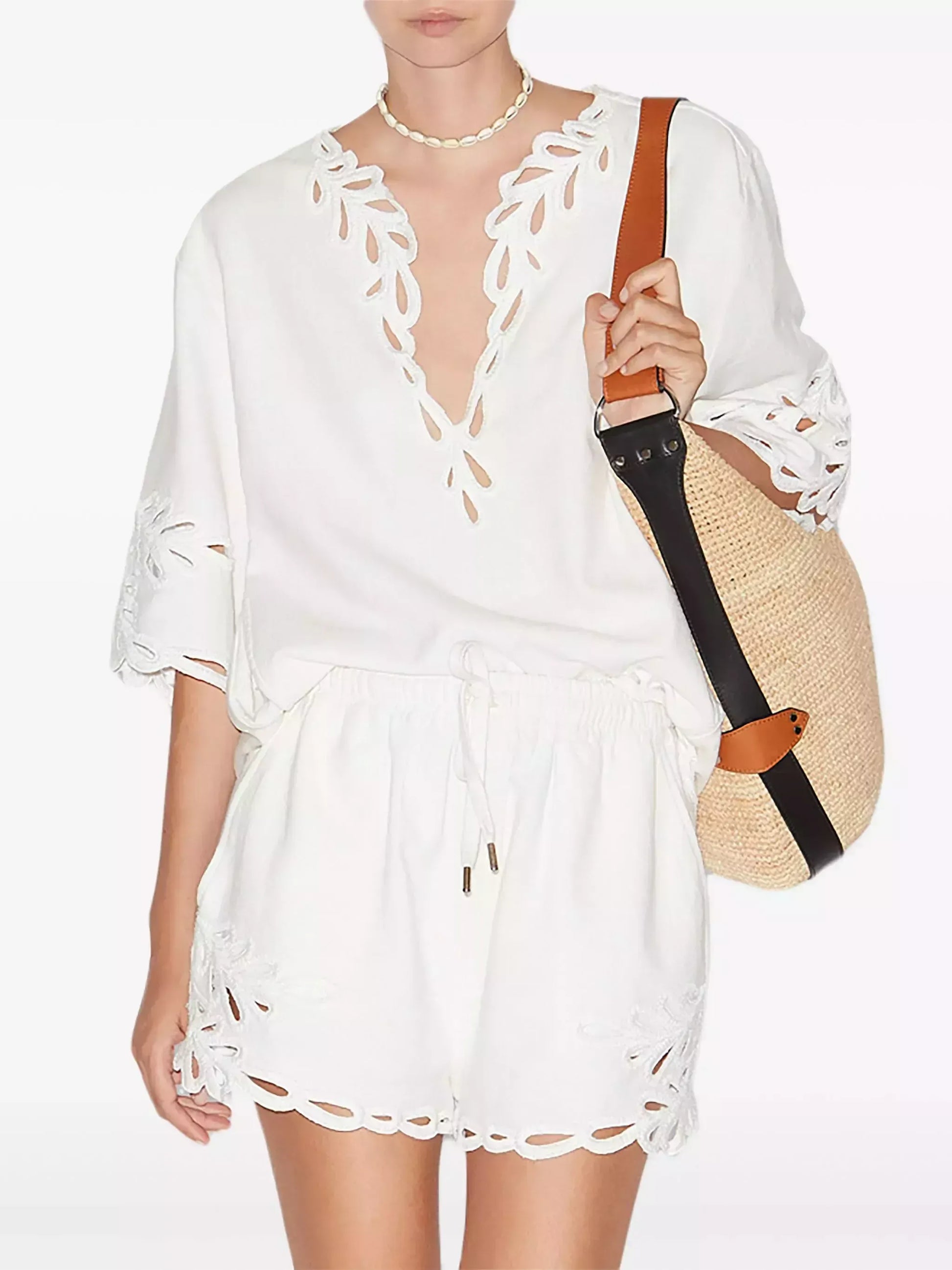 Cut-Out Embroidered Cotton T-Shirt and Short Set - Suits & Sets