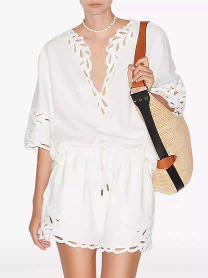 Cut-Out Embroidered Cotton T-Shirt and Short Set - Suits & Sets