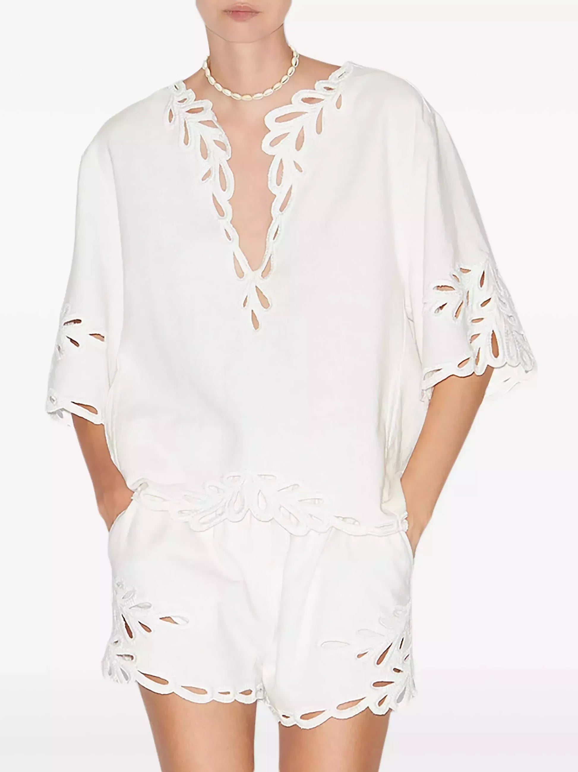 Cut-Out Embroidered Cotton T-Shirt and Short Set - Suits & Sets