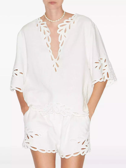 Cut-Out Embroidered Cotton T-Shirt and Short Set - Suits & Sets