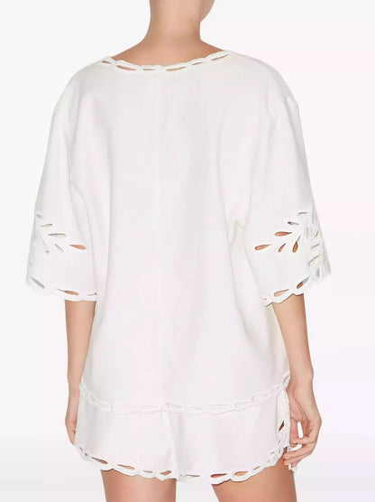 Cut-Out Embroidered Cotton T-Shirt and Short Set - Suits & Sets