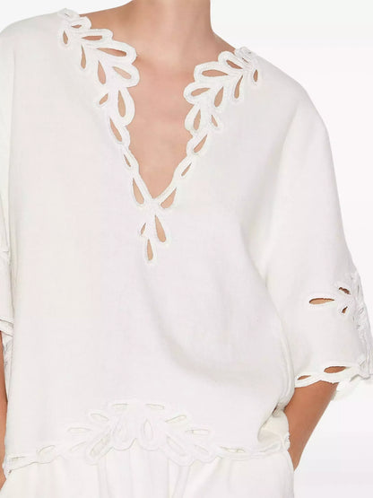 Cut-Out Embroidered Cotton T-Shirt and Short Set - Suits & Sets