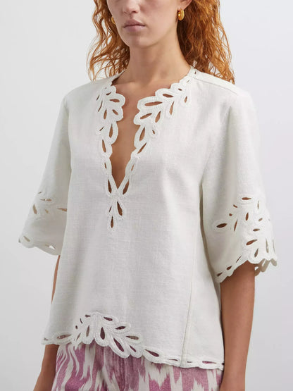 Cut-Out Embroidered Cotton T-Shirt and Short Set - Suits & Sets