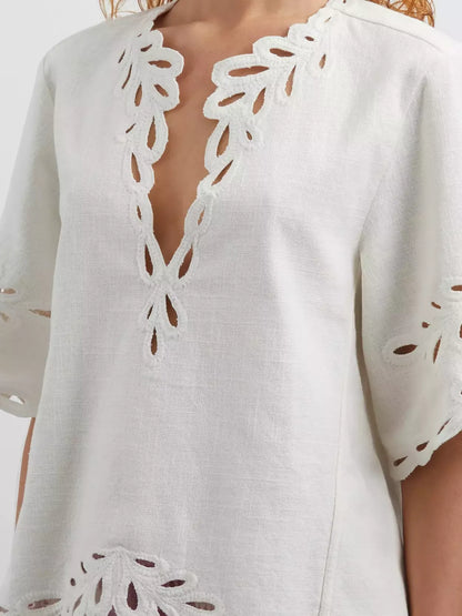 Cut-Out Embroidered Cotton T-Shirt and Short Set - Suits & Sets