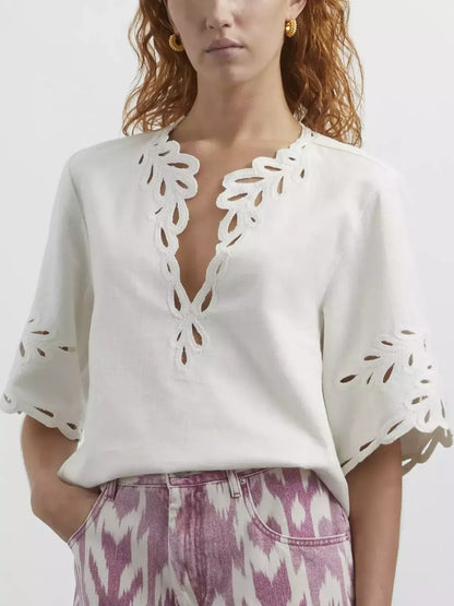 Cut-Out Embroidered Cotton T-Shirt and Short Set - Suits & Sets