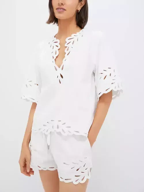 Cut-Out Embroidered Cotton T-Shirt and Short Set - Suits & Sets