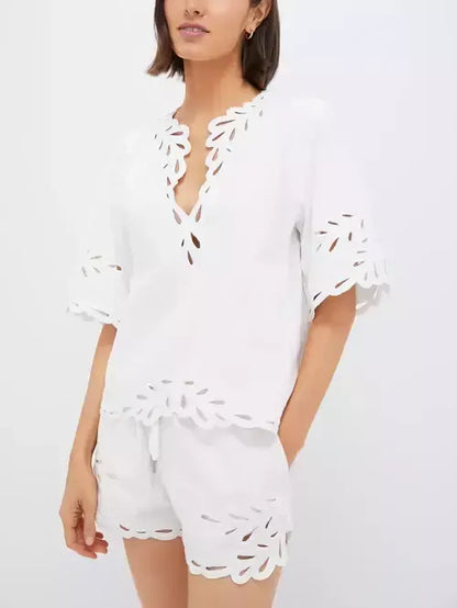 Cut-Out Embroidered Cotton T-Shirt and Short Set - Suits & Sets