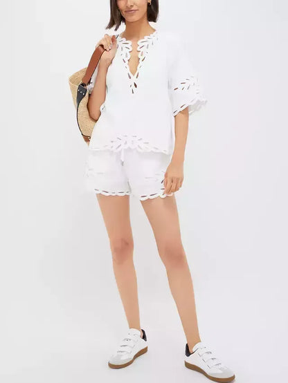 Cut-Out Embroidered Cotton T-Shirt and Short Set - Suits & Sets