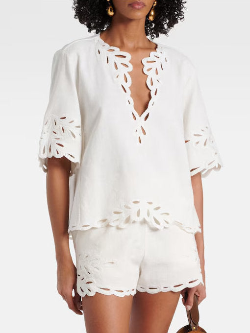 Cut-Out Embroidered Cotton T-Shirt and Short Set - Suits & Sets