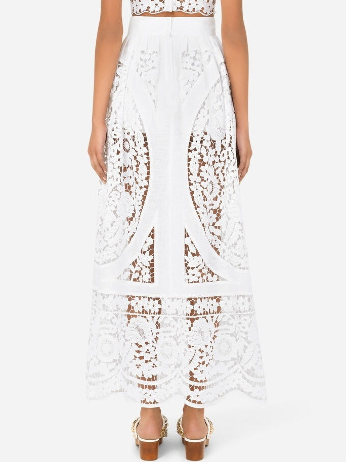 Cut-Out Embroidered Long White Linen Skirt - Skirts