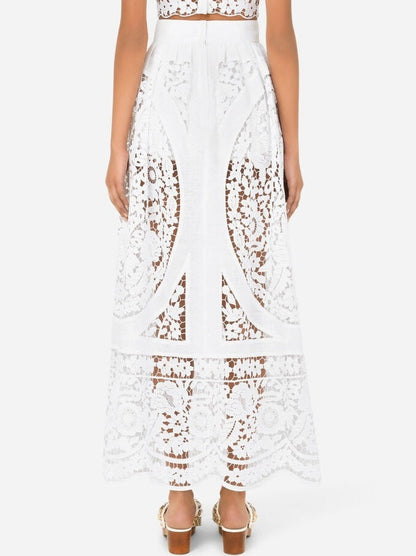 Cut-Out Embroidered Long White Linen Skirt - Skirts