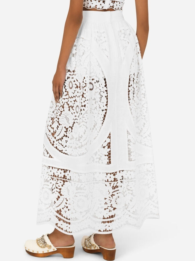 Cut-Out Embroidered Long White Linen Skirt - Skirts